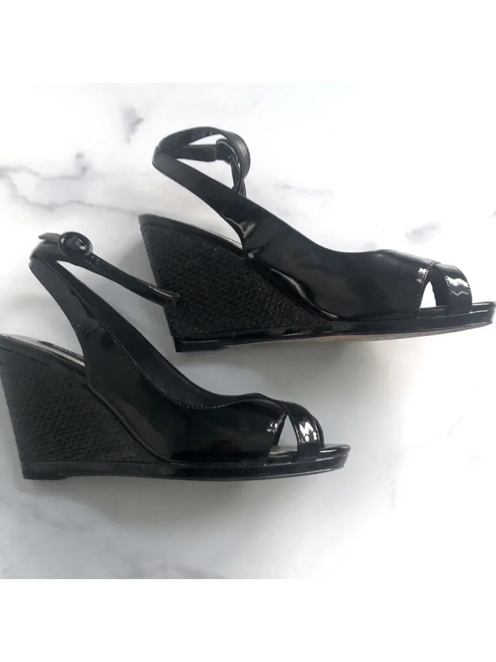 White House Black Market Wedge Karen Black Patent Leather Sandals Size 6.5m
